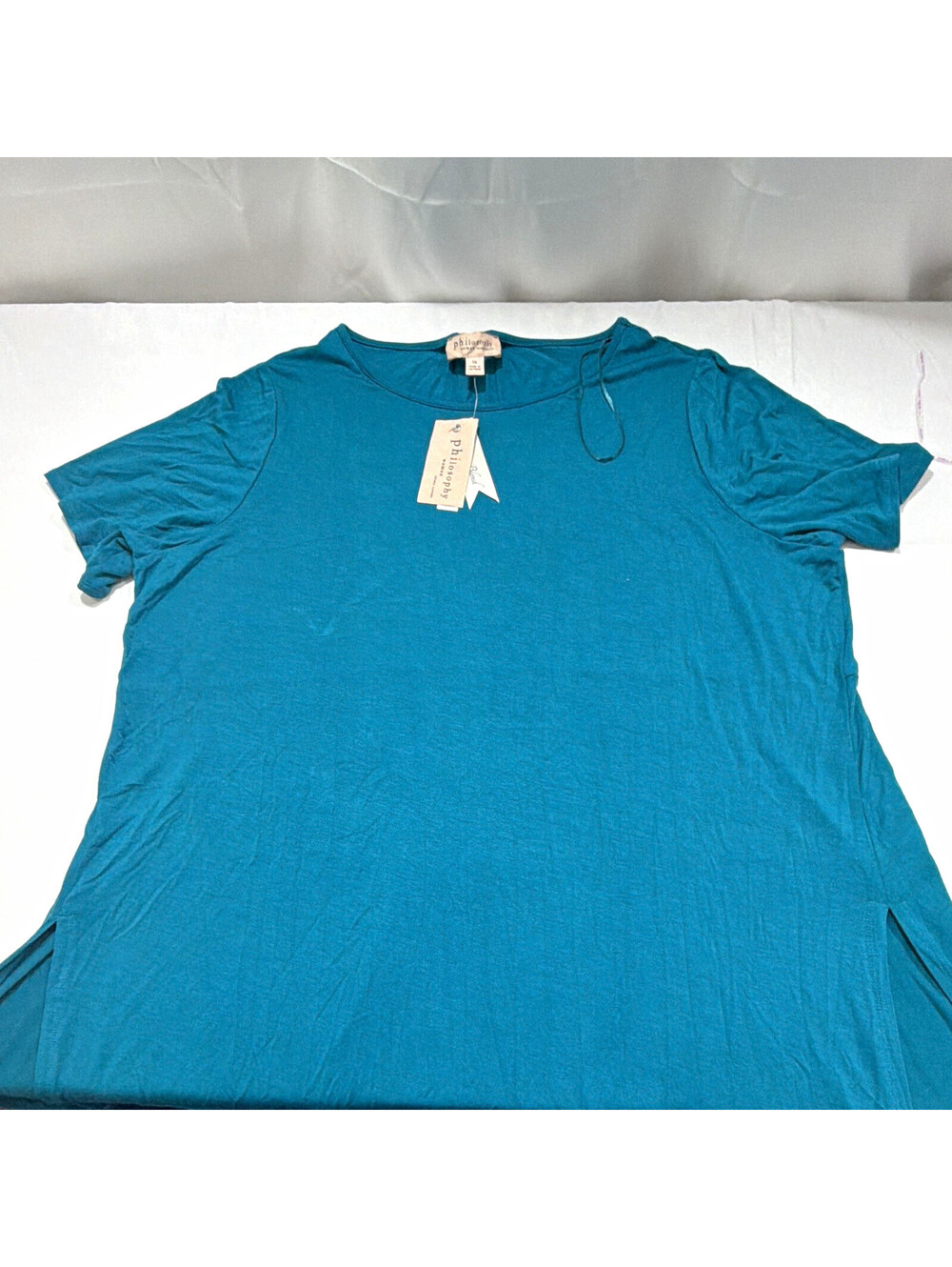 Philosophy Woman Plus 1X Blue Solid Knit Round Neck Pullover T-Shirt Tie